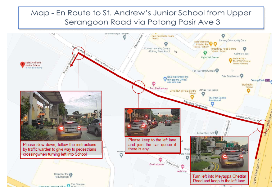 Map showing driving route to St. Andrew's Junior School from Upper Serangoon Road via Potong Pasir Ave 3.
